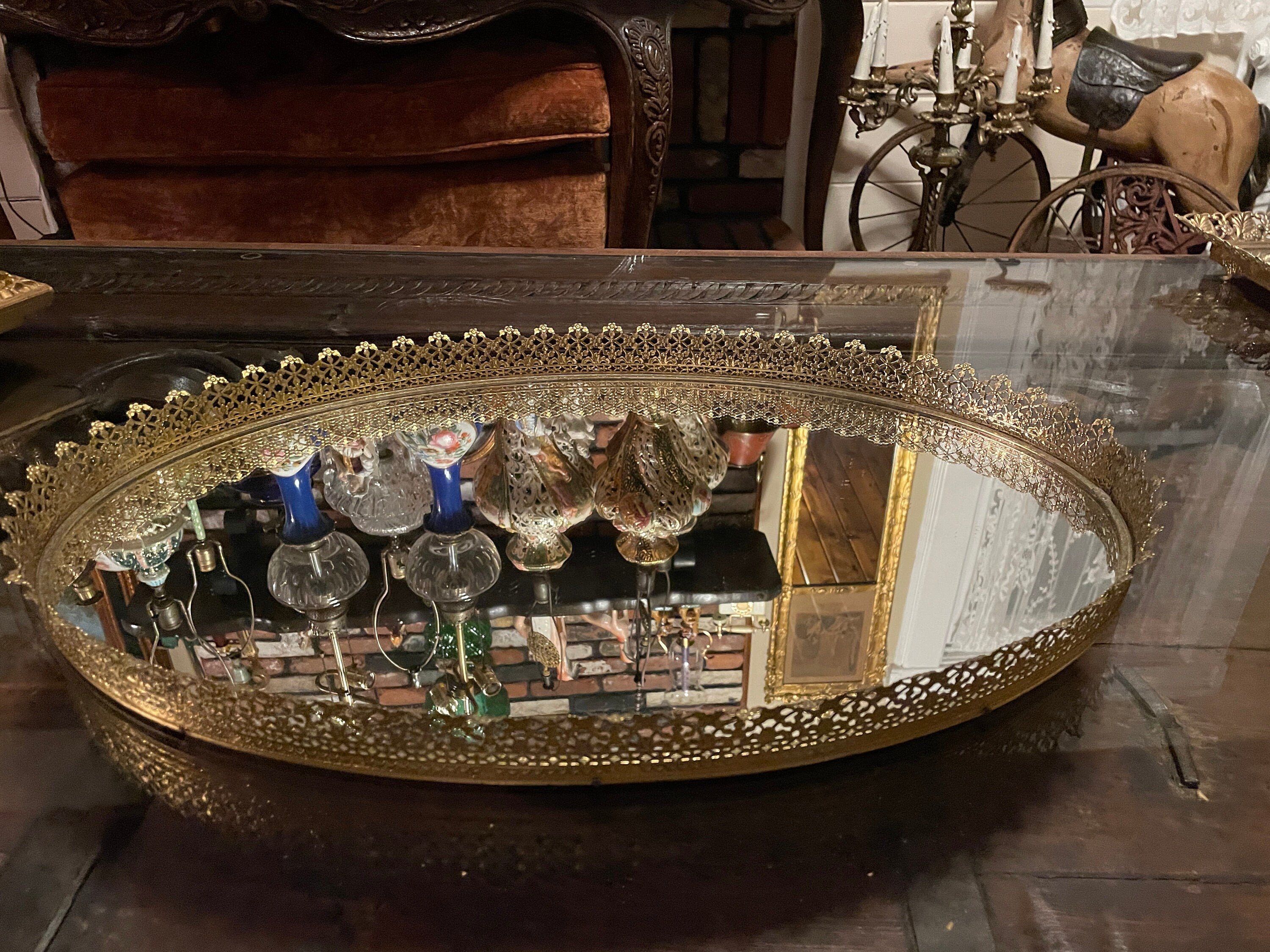 Vintage French Style Ornate Oval Vanity Tray Gold Filigree Mirrored Centerpiece Elegant Hollywood Regency Accent Dresser Display Decoration