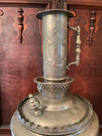 Antique Middle Eastern Samovar Large Engraved Brass Tea Urn Footed Base Unique Floral Pattern Arabic Script Collectible Decoration Piece