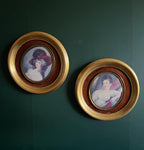 Pair Of Framed Miniature Portraits Gold Round Frame Romantic Women Wall Art Antique Style Velvet Backing Classical Interior Decoration