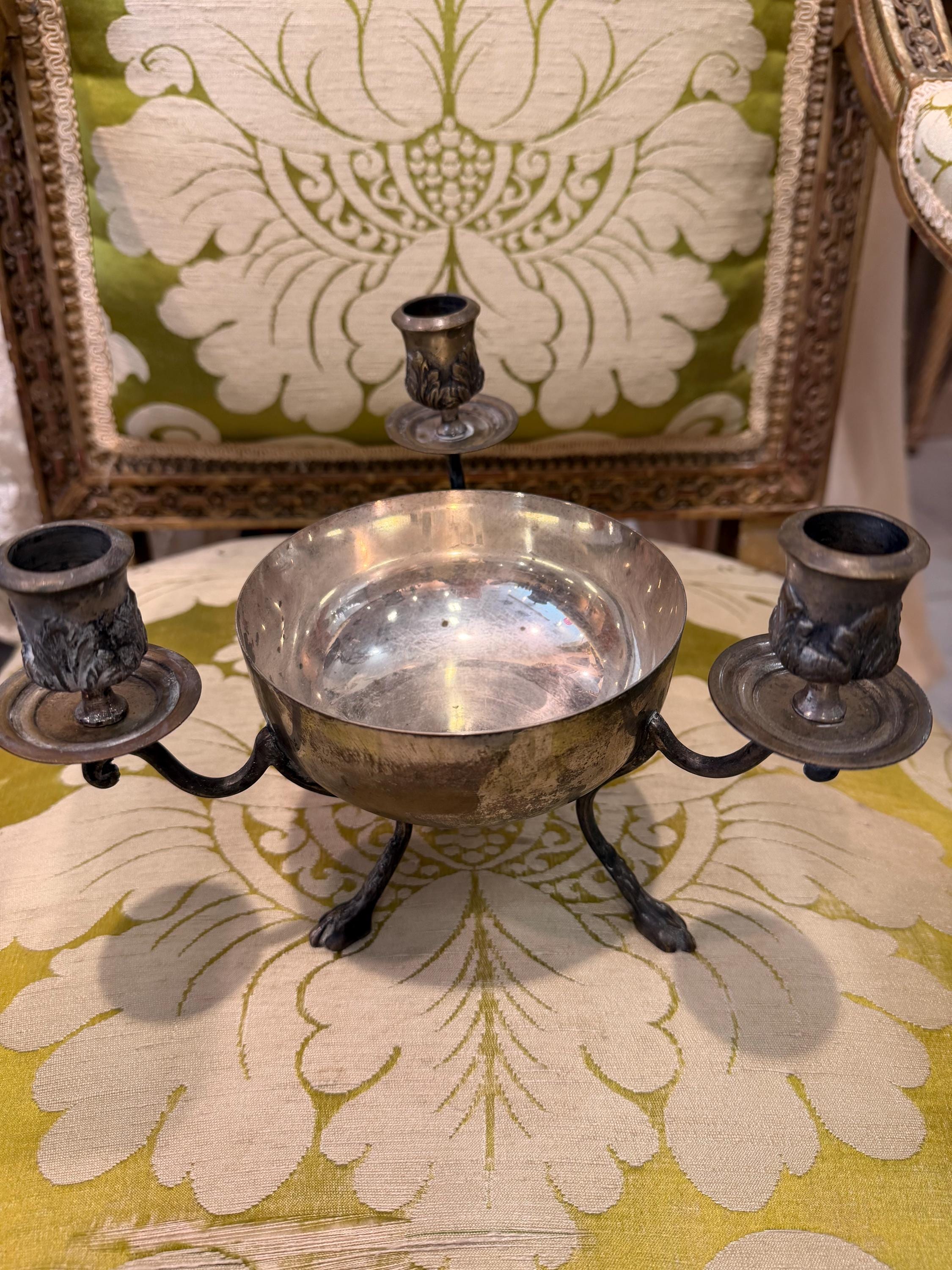 Antique Silver Plate Three Arm Candelabra Centerpiece Bowl with Paw Feet