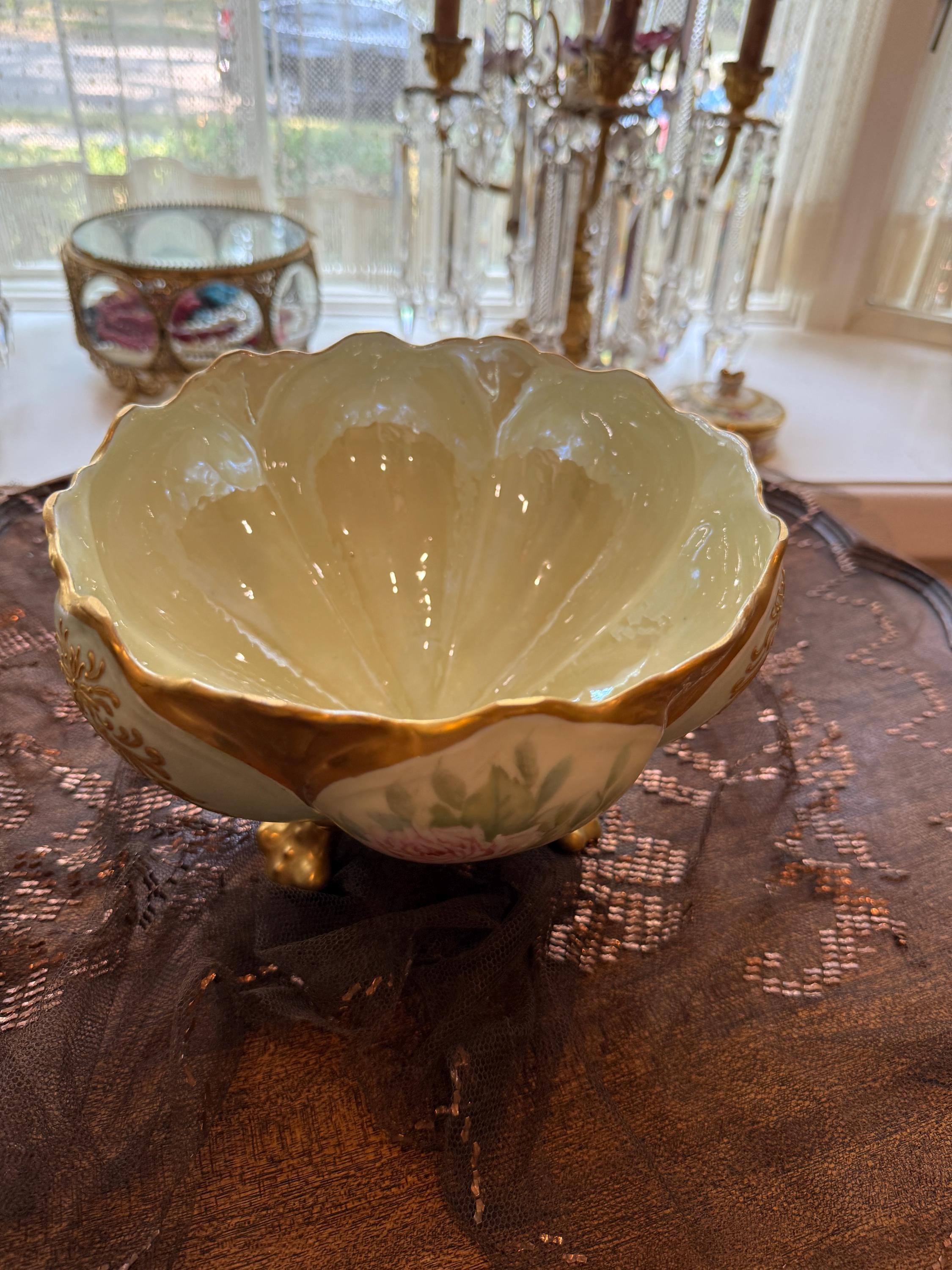 Hand-Painted French Porcelain Footed Bowl with Gold Accents, Vintage Decorative Centerpiece Fruit Bowl  Serving Dish Gold Pink Floral Dish