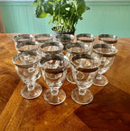 Vintage Silver Rimmed Water Goblets Set Elegant Clear Glass Footed Cups Classic Mid Century Barware Wedding Dinner Display Collection