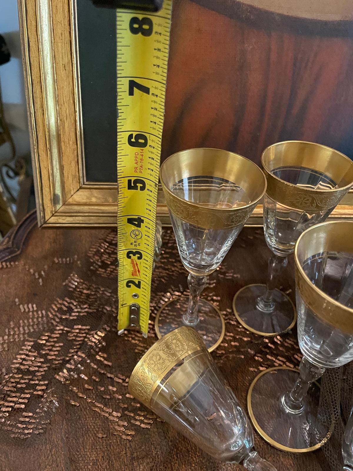 Vintage Gold Rimmed Glassware Set Crystal Dessert Plates Barware Tumblers Wine Glasses Cocktail Goblets Elegant Hollywood Regency Style