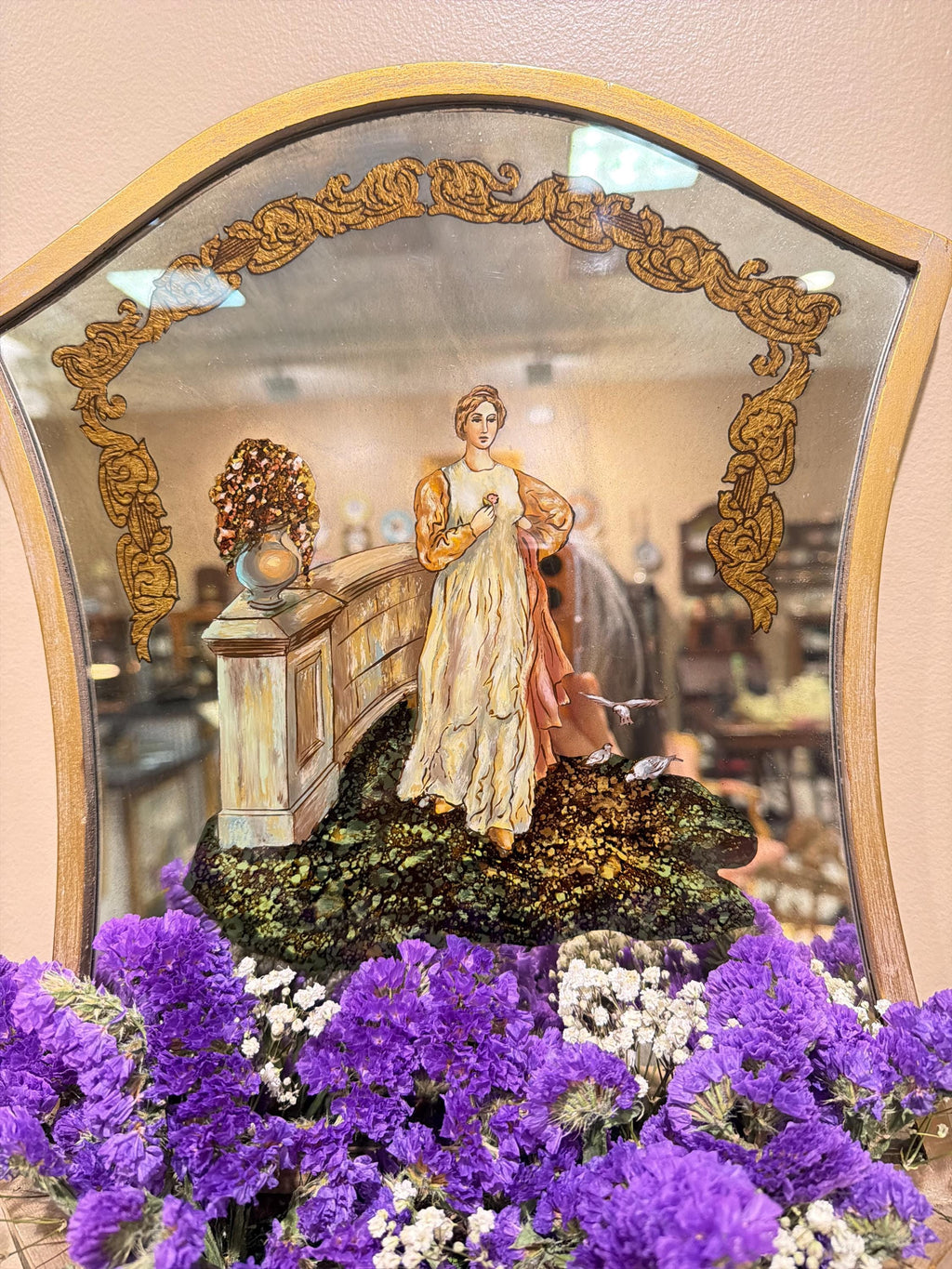 Vintage Italian Hand Painted Reverse Glass Wall Pockets, Gilt Trim Mirror Sconces
