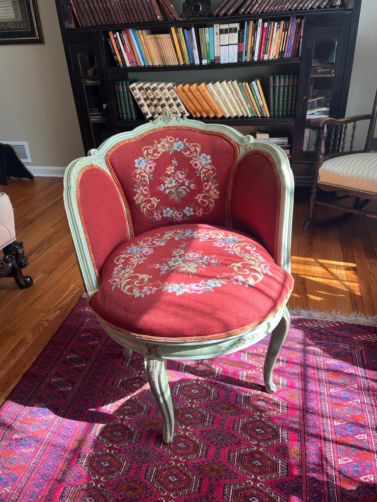 Vintage French Louis XV Salon Chair Floral Tapestry Red Needlepoint Seat Carved White Frame Rococo Vanity Accent Seating Unique Decoration