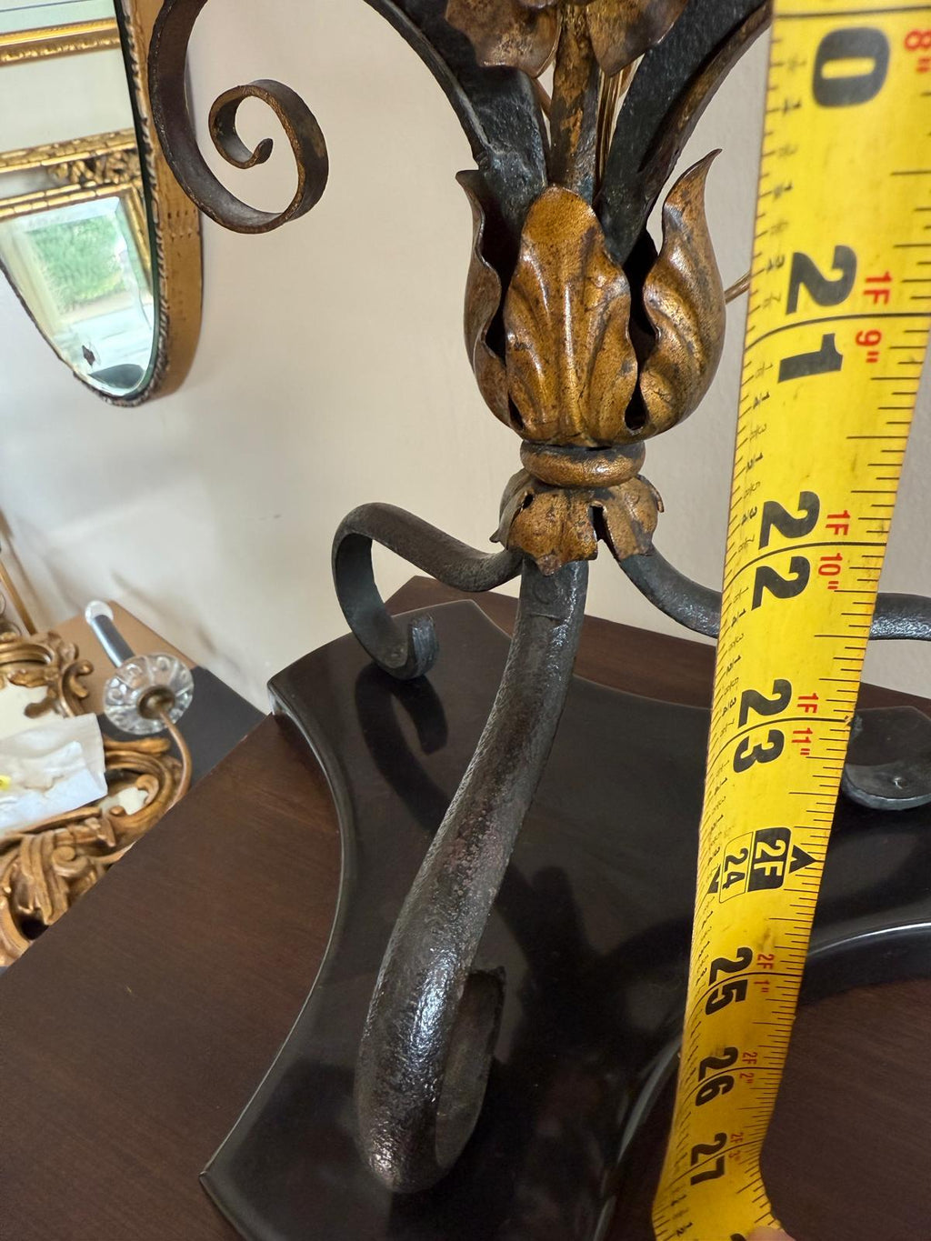 Vintage Wrought Gold Black Iron Electric Candelabra Floral Scroll Base Table Lamp Beige Burlap Shades 3 Lights Ornate Lamp & Shades Elegant