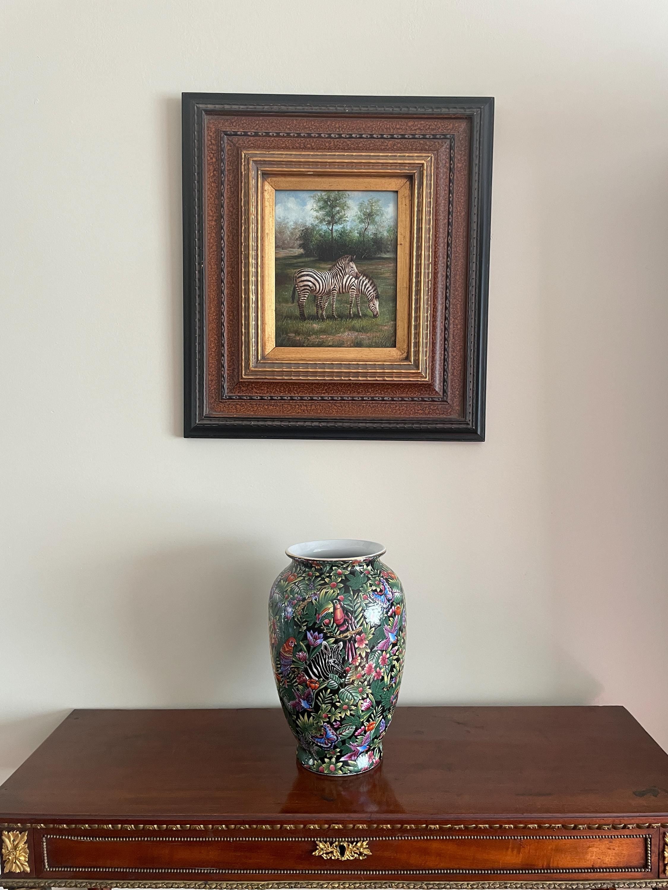 Hand-Painted Zebra Art Wildlife Vase Set Same Artist Colorful Floral Animal Motifs Perfect Home Décor Pair Unique Handcrafted Collection