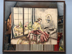 Vintage Art Deco Picture Mirror Lady at Piano Reverse Painted Airbrushed Boudoir Wall Mirror