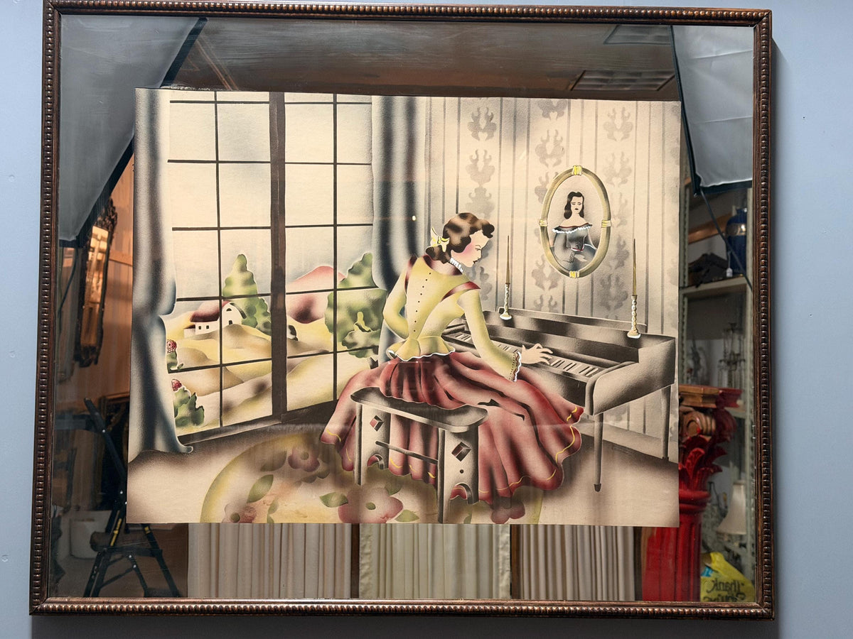 Vintage Art Deco Picture Mirror Lady at Piano Reverse Painted Airbrushed Boudoir Wall Mirror