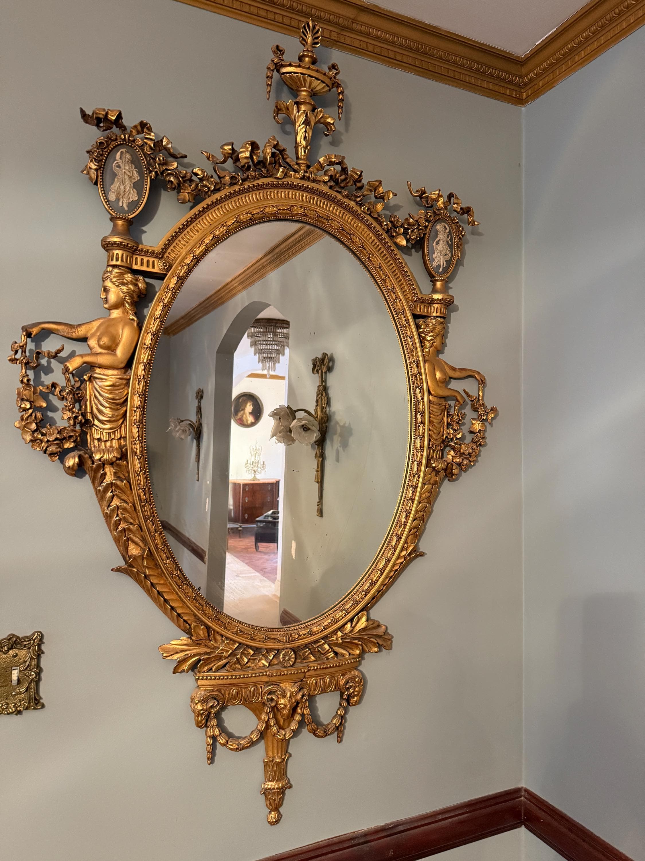 Antique French Gilded Convex Mirror, Neoclassical Urn & Female Figures