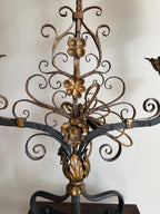 Vintage Wrought Gold Black Iron Electric Candelabra Floral Scroll Base Table Lamp Beige Burlap Shades 3 Lights Ornate Lamp & Shades Elegant