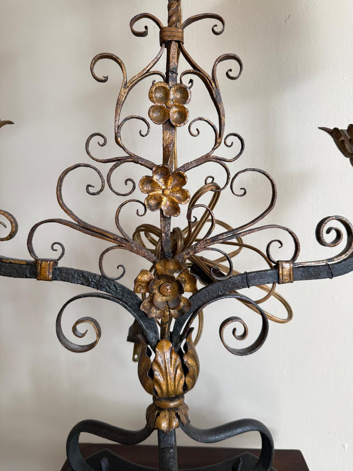 Vintage Wrought Gold Black Iron Electric Candelabra Floral Scroll Base Table Lamp Beige Burlap Shades 3 Lights Ornate Lamp & Shades Elegant
