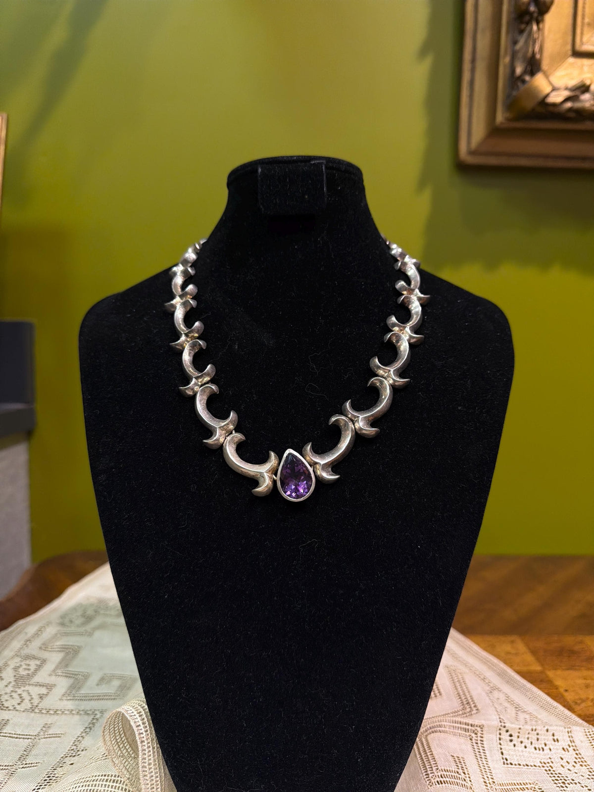Vintage Taxco Sterling Silver Amethyst Necklace, Modernist Mexican Silver Statement Necklace, Sculptural 925 Link Necklace, Artisan Jewelry