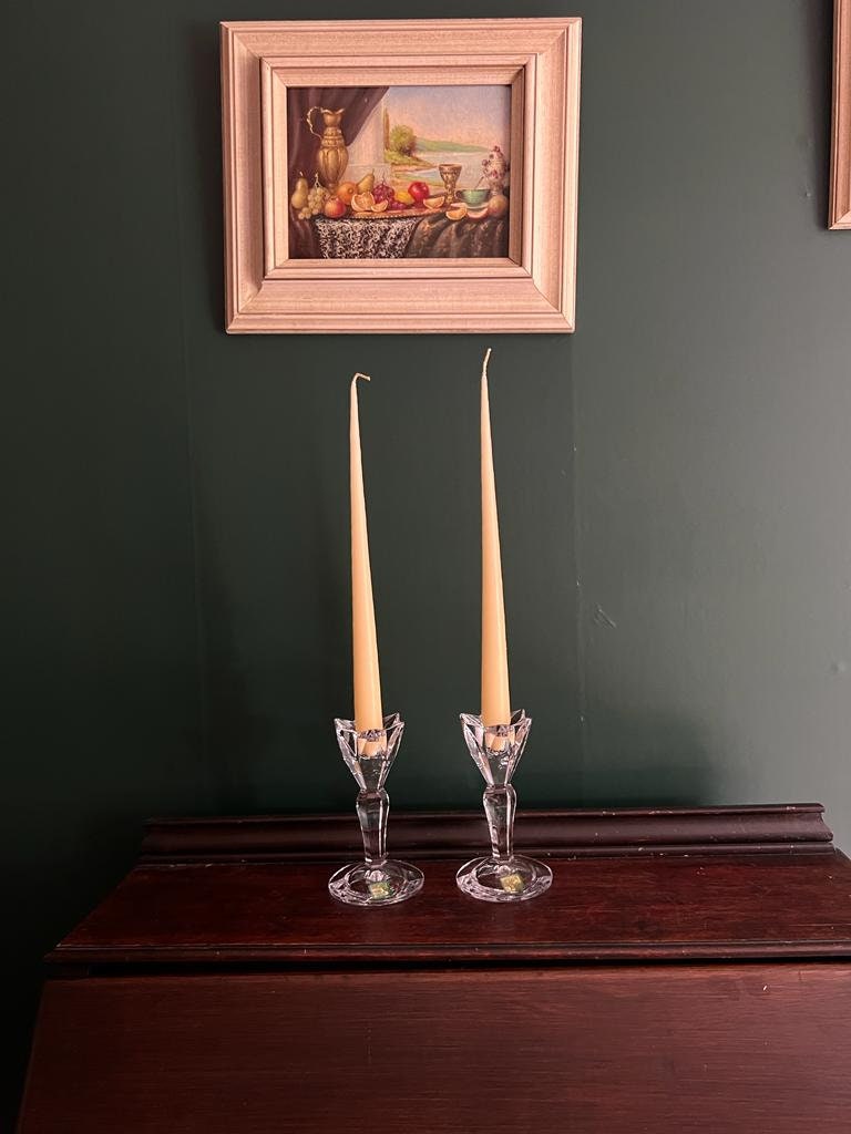 Vintage Crystal Tulip Candle Holders Elegant Faceted Clear Glass Taper Stand Pair Classic Dining Decor Table Accent Home Collectible Gift