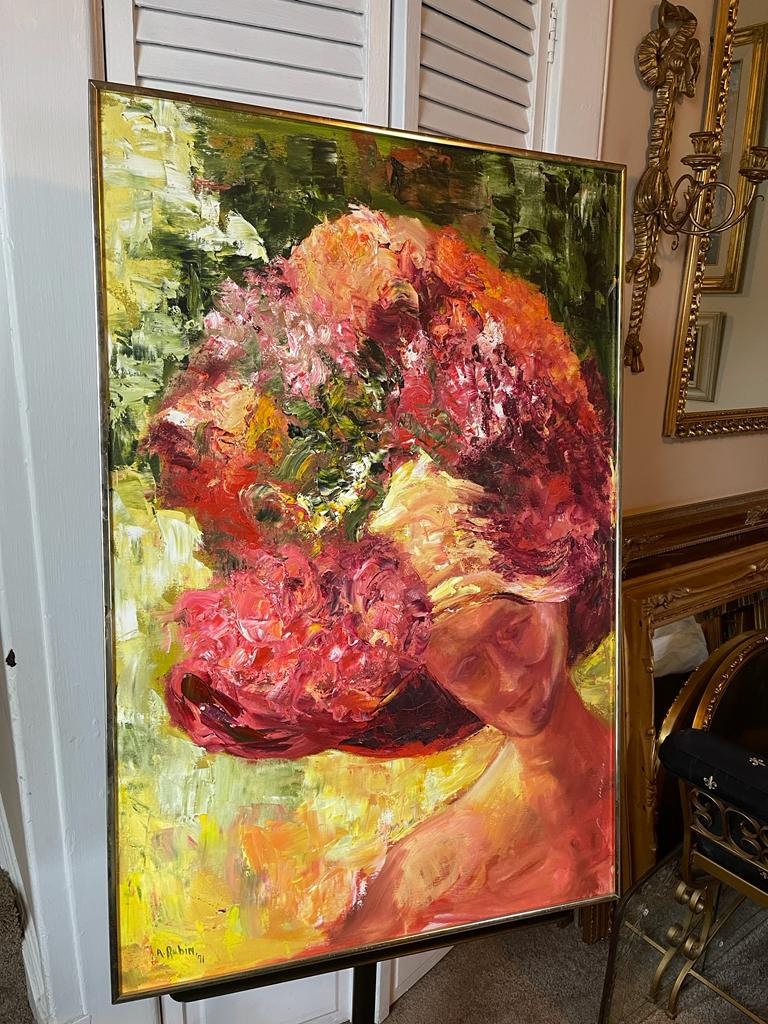 Original Abstract Oil Painting Woman in Floral Hat Signed Colorful Thick Texture Art Large Wall Decor Feminine Impressionism Unique Bold