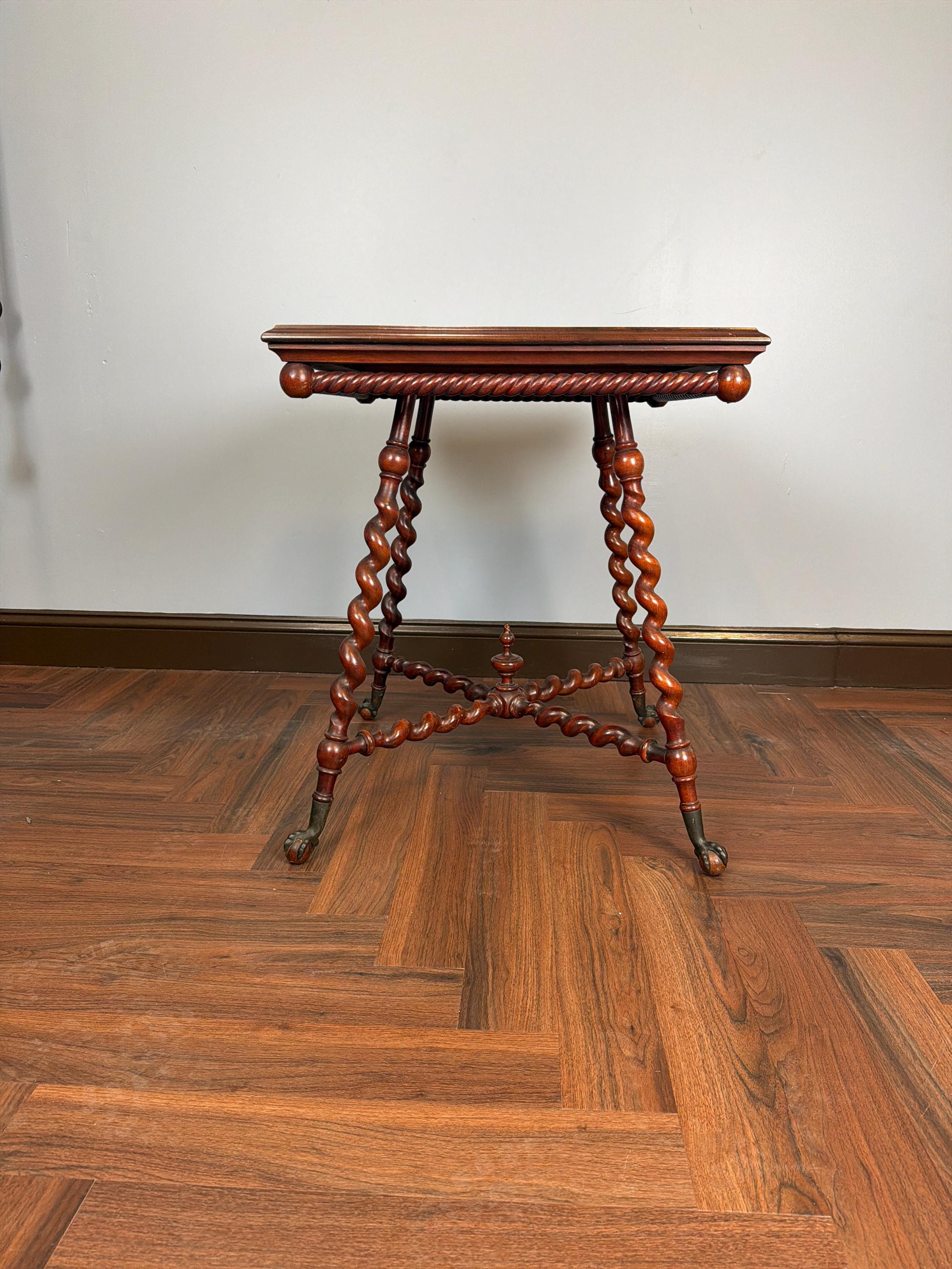 Antique English Barley Twist Side Table, Claw Foot Caster Accent Spiral Leg Table