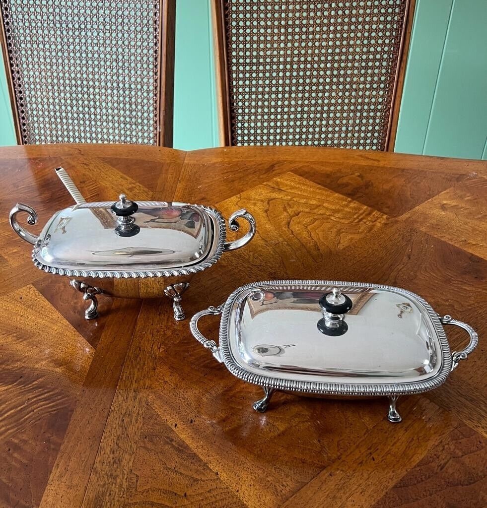 Vintage Silver Plate Serving Dishes Set Elegant Footed Covered Bowls Classic Ornate Handles Tableware Centerpiece Buffet Décoration Dining