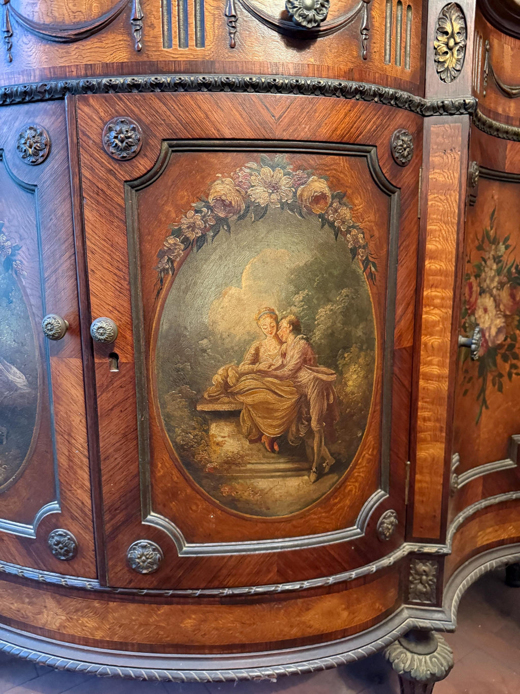 Antique French Marble Top Sideboard Hand Painted Panels Louis XV Style Painted Cabinet Elegant Drawers Luxurious Furniture Console Buffet