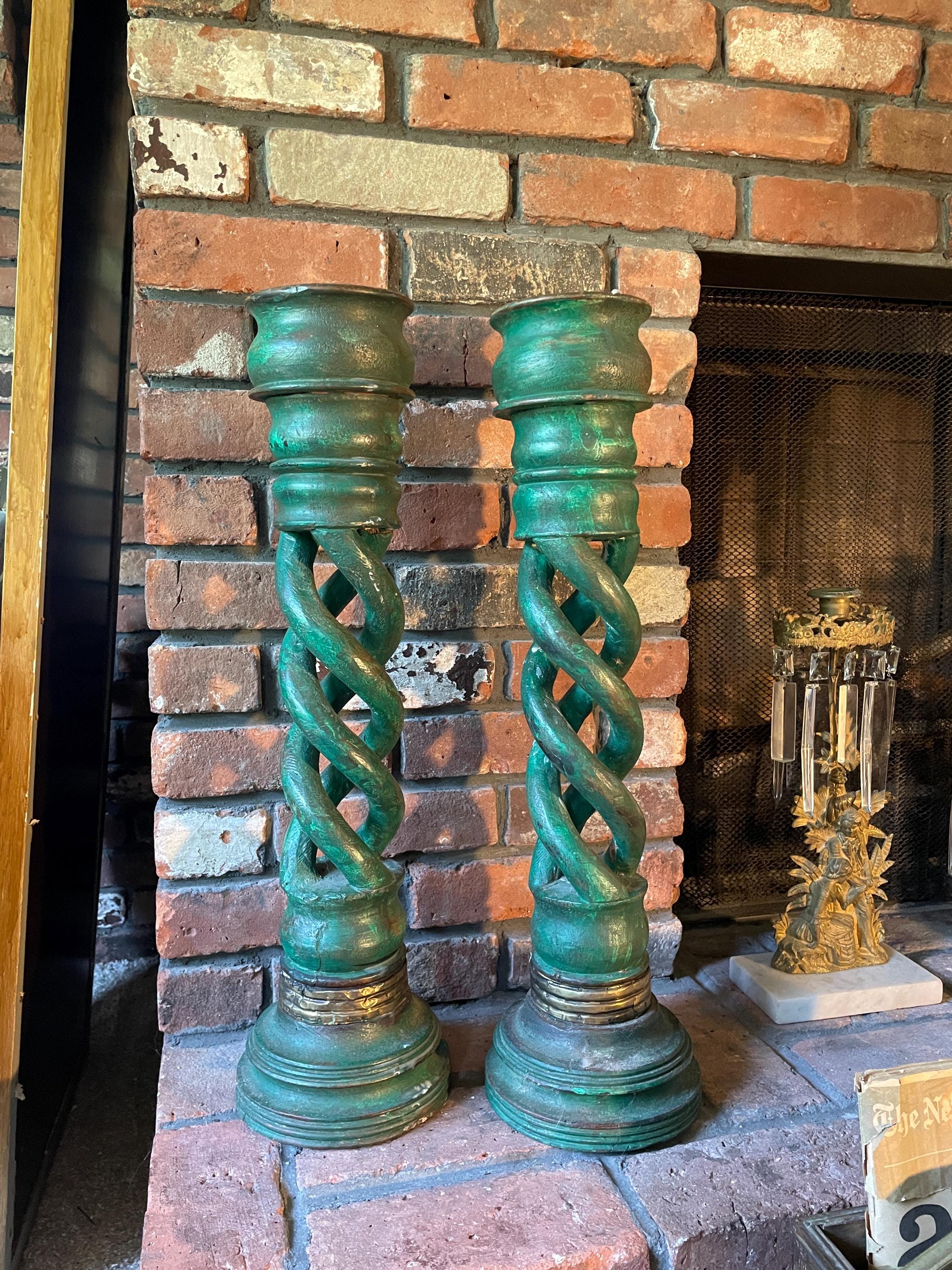 Vintage Green Twisted Candleholders Pair Brass Accents Unique Home Decor Classic Design Statement Lighting Antique Elegant Candle Sticks