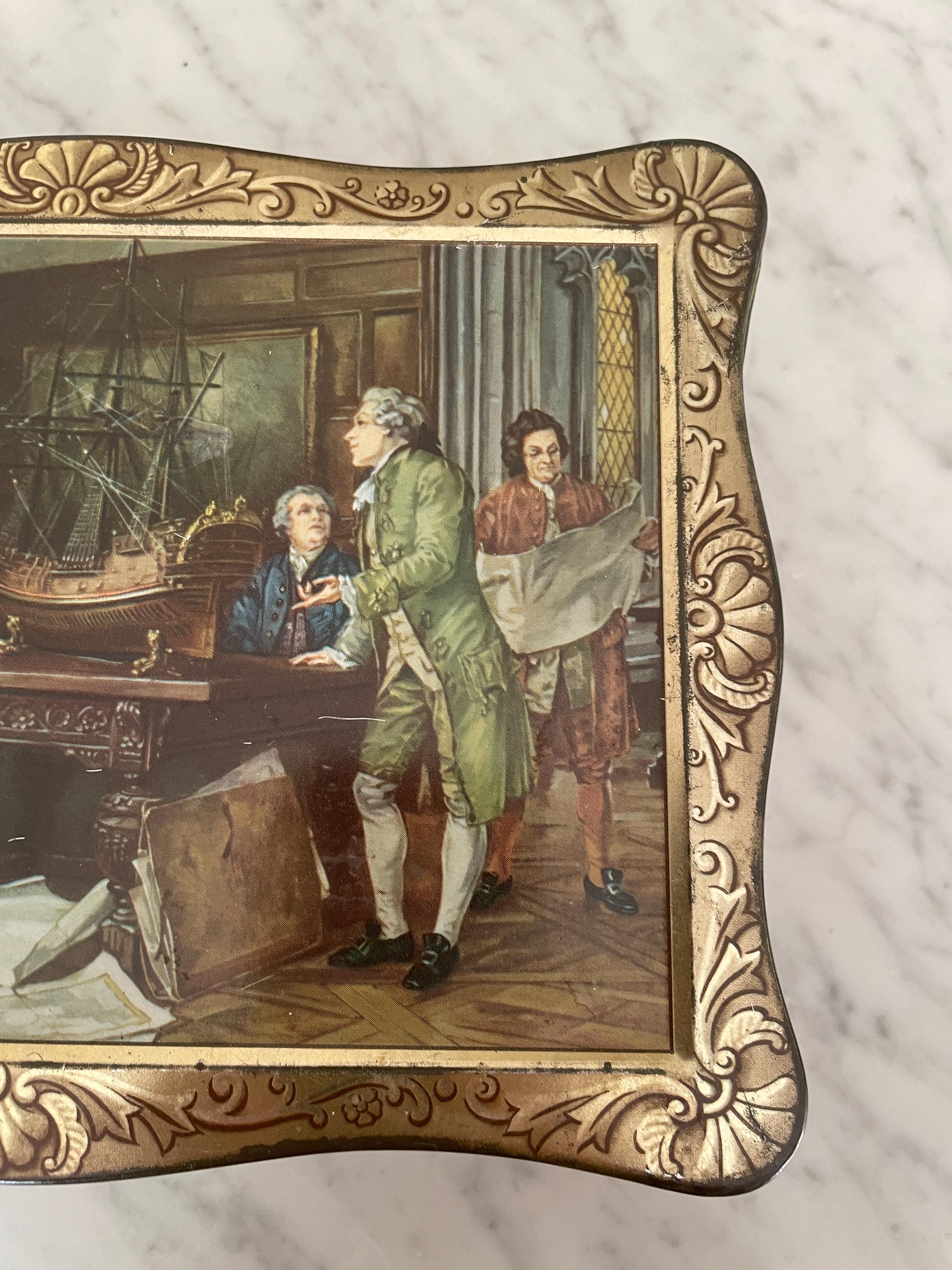 Vintage Patria Biscuit Tin Decorative Metal Box Dutch Scene Collectible Storage Container Gold Interior Baroque Design European Style