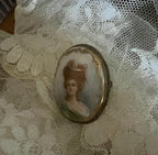 Antique Portrait Brooch Hand Painted Lady Green Dress Oval Porcelain Brass Frame Edwardian Jewelry Regal Vintage Collectible Cameo Style