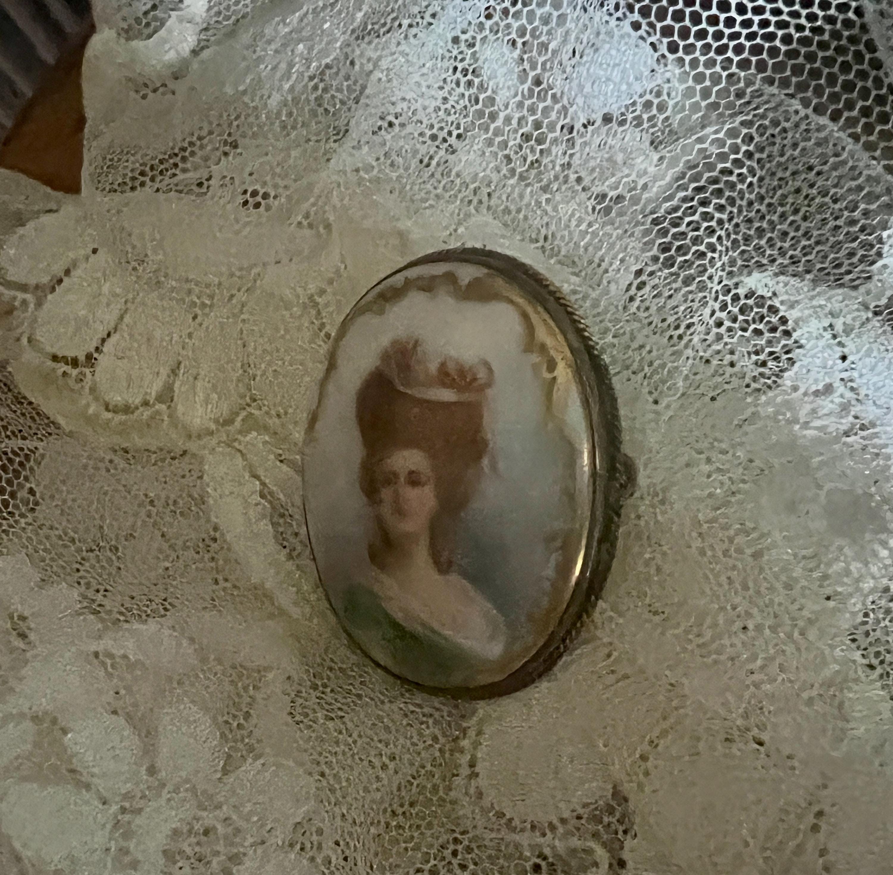 Antique Portrait Brooch Hand Painted Lady Green Dress Oval Porcelain Brass Frame Edwardian Jewelry Regal Vintage Collectible Cameo Style