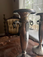 Antique Art Nouveau Silverplate Candlestick Pair Ornate Column Design Lion Head Handles Decorative Candle Holder Home Decor Display Accent