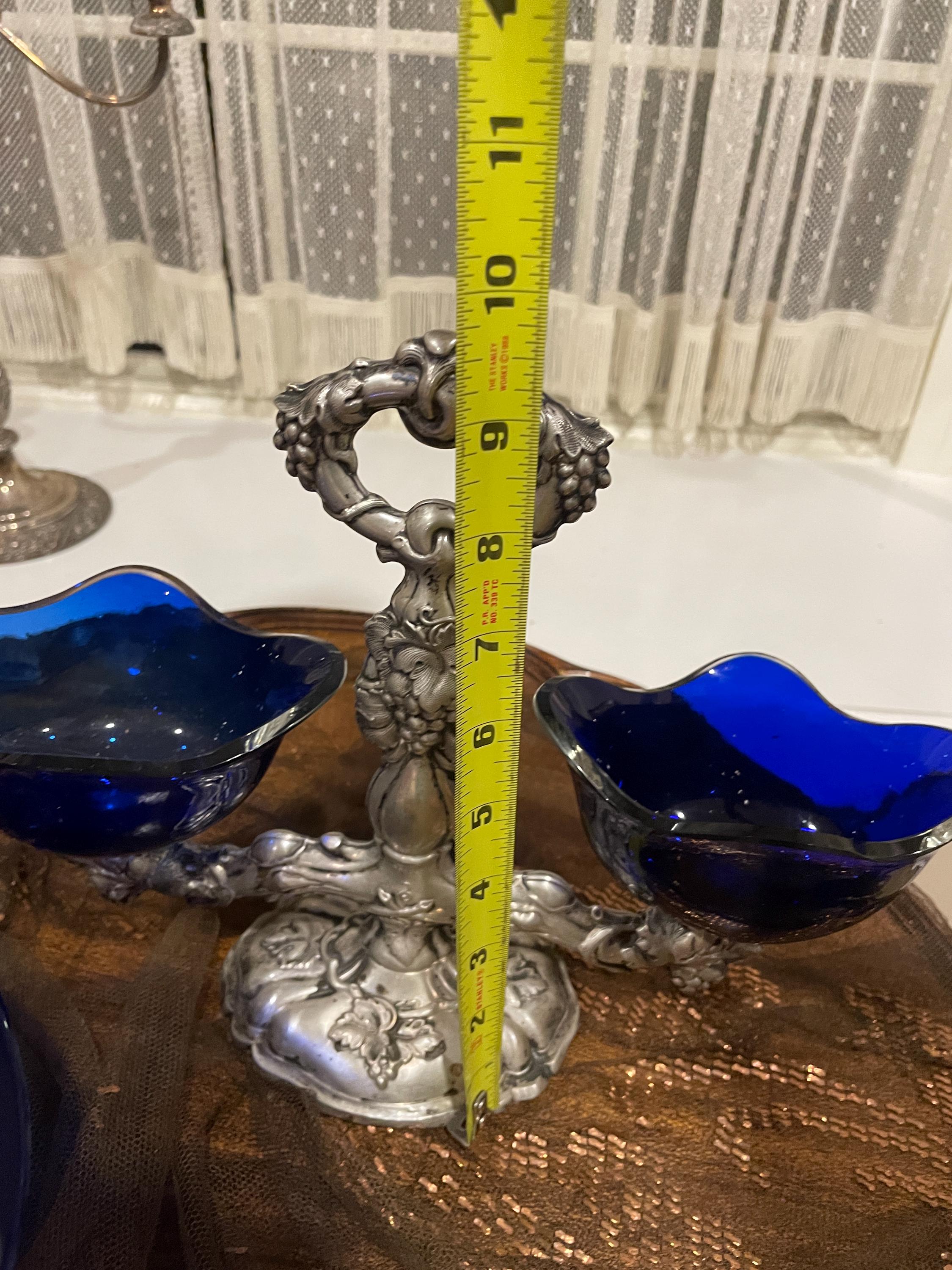 Antique Silver Salt Cellar Cobalt Blue Glass Insert Ornate Grape Design Rococo Centerpiece Victorian Dining Table Collectible Decoration