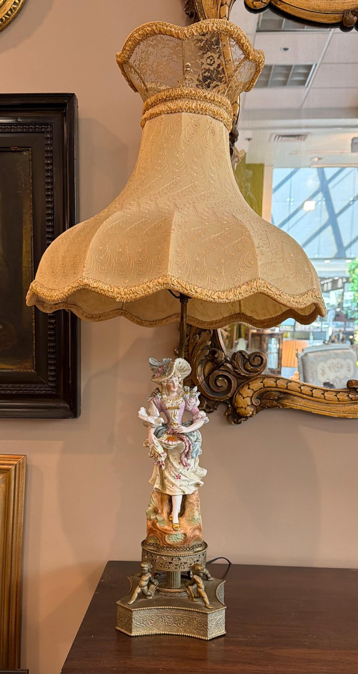 Pair Vintage Porcelain Figural Lamps Rococo Style Cherub Base Ornate Metal Table Lamps French Style Boudoir Lighting