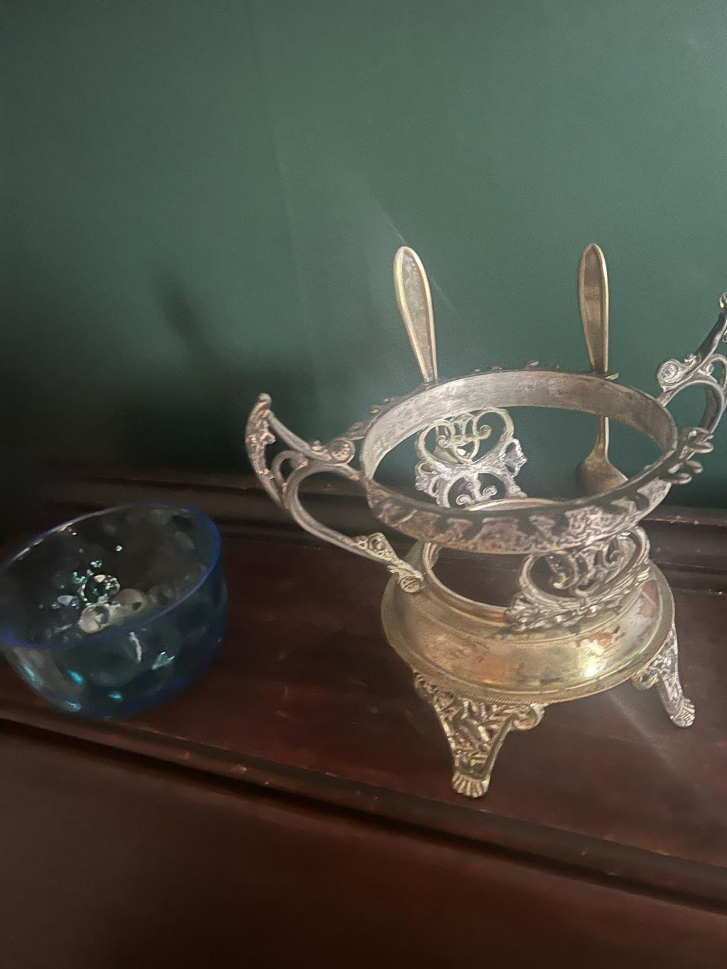 Antique Victorian Silverplate Condiment Holder Set Ornate Blue Glass Bowl Elegant Footed Frame Collectible Centerpiece Spoons Display Decor