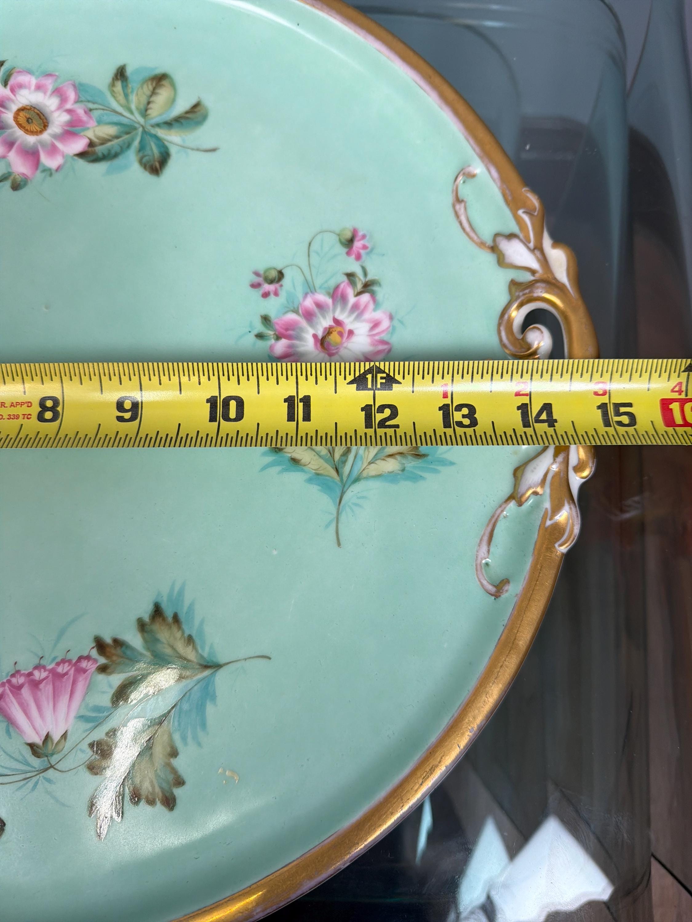 Vintage Hand Painted Porcelain Tray, Mint Green Floral Serving Vanity Tray, Gold Gilt Handles Decorative Display Plate