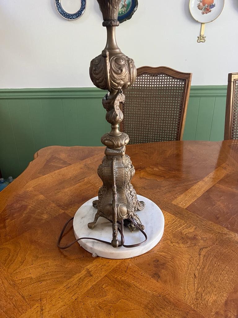 1800s Antique Gilt Ornate Brass 9 Light Italian Candelabra Electrified on Marble Stand